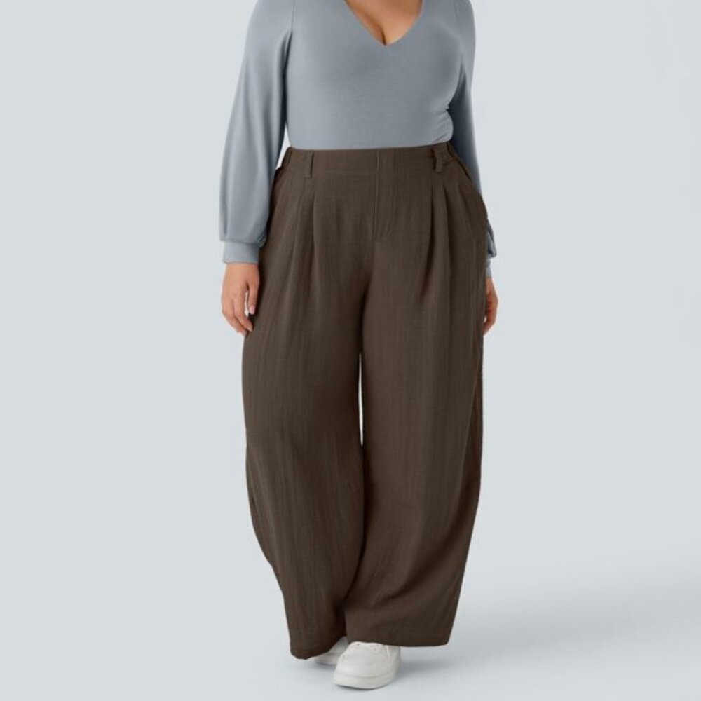 NEW HALARA 1X DARK EARTHY BROWN LINEN FEEL HIGH WAIST WIDE LEG POCKETS PANTS